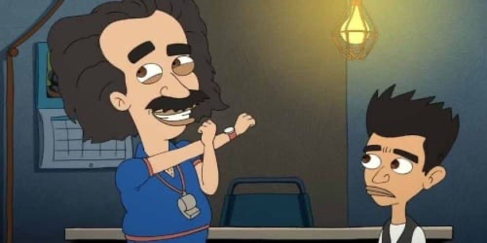 A cartoon coach demonstrates a stretch while otherwise ignoring his cartoon pupil