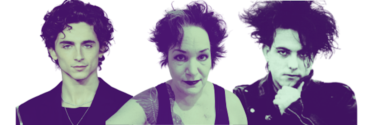 A montage displaying the hairstyles of Timothée Chalament, Robert Smith, and yours truly.