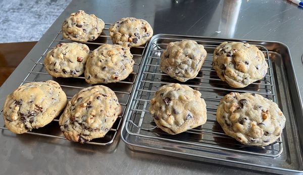 A fresh-baked batch of chocolate chip walnut cookies