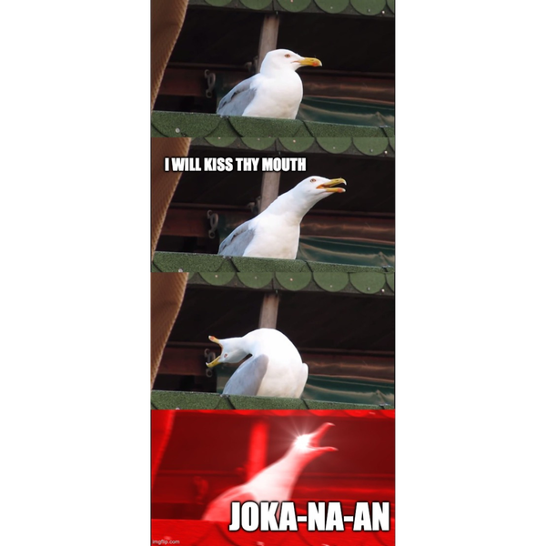 A familiar meme featuring a seagull taking a big gulp of air and then exploding into song. The seagull sings, “I will kiss thy mouth…” takes a big gulp of air and then continues, “JOKA-NA-AN”