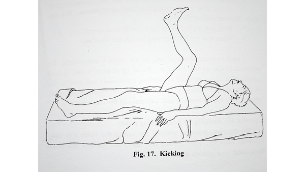 A line drawing of a woman lying face-up on a mattress. She is in her underwear, gripping the sides of the mattress and kicking with her legs. The caption reads "Fig. 17. Kicking"