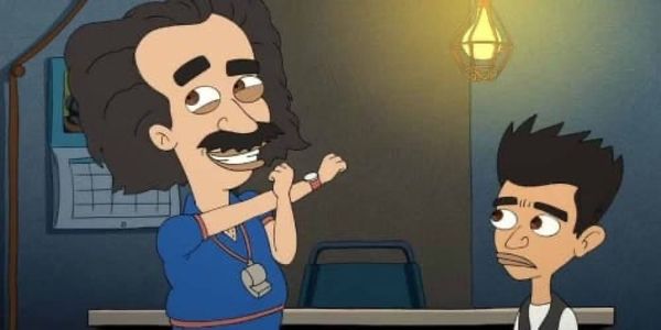 A cartoon coach demonstrates a stretch while otherwise ignoring his cartoon pupil