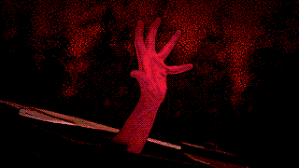 A red hand reaches out from the ground.