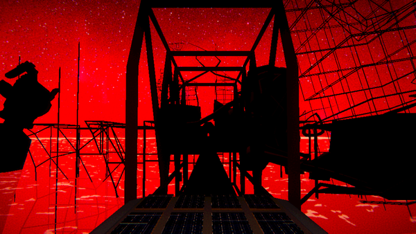 A train track leads through crumbling infrastructure and broken mechs with a star-covered red sky in the background.