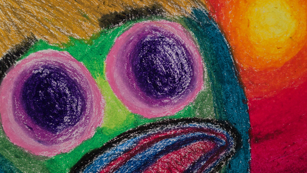 A melon with a face on it stares blankly into the sun with purple eyes and a frown