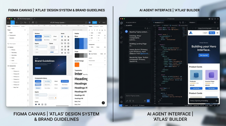 Split-screen design: left side shows a Figma canvas with design components & brand guidelines displayed; right side shows an AI agent interface reading & building with those components.