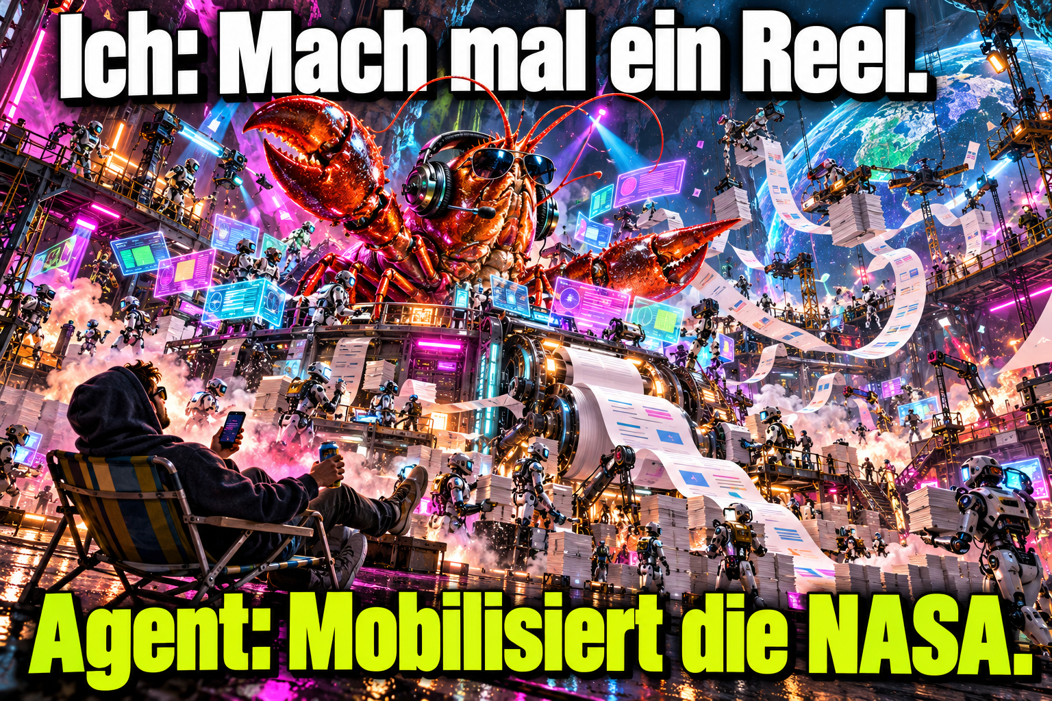 KI-Meme: Ein Mensch sitzt entspannt im Campingstuhl. Ein riesiger Hummer mit Headset dirigiert eine neonfarbene Roboter-Kommandozentrale. Text: Ich: Mach mal ein Reel. Agent: Mobilisiert die NASA.