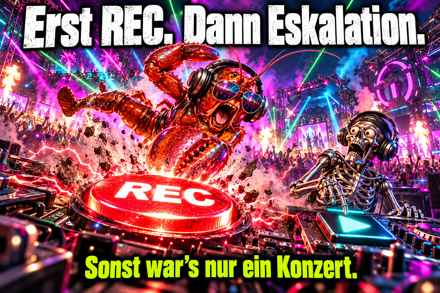 KI-Meme: Ein Hummer mit Sonnenbrille springt im Neon-Rave auf einen riesigen roten REC-Knopf. Ein erschrockener Skelett-DJ wartet am Play-Knopf. Text: Erst REC. Dann Eskalation. Sonst war’s nur ein Konzert.