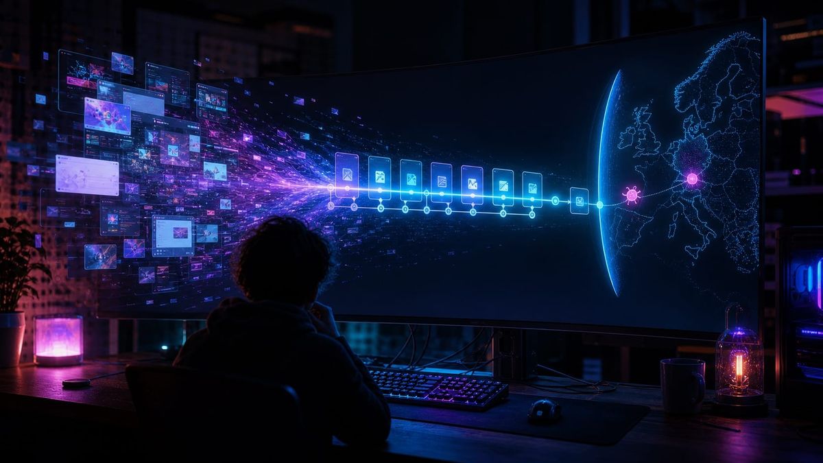 Neonbeleuchteter Mac-Arbeitsplatz: Screenshot-Chaos wird zu einer geordneten Ereignis-Timeline, die durch eine Europakarte führt.