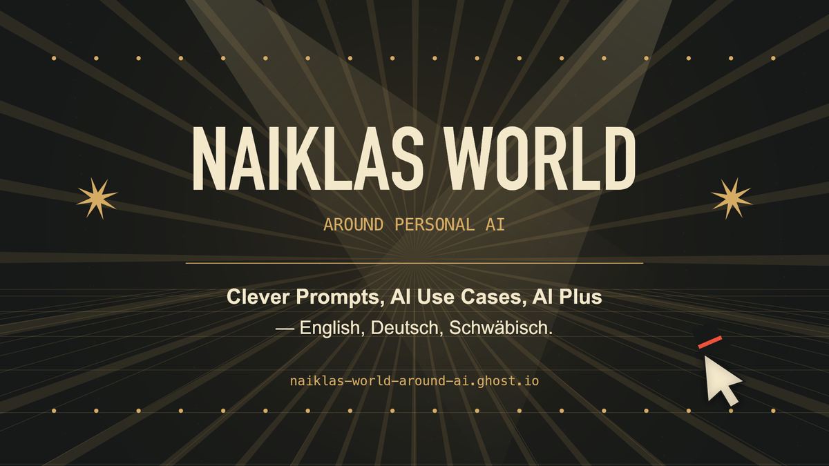 Naiklas World: goldene Cabaret-Strahlen, großer Schriftzug und Cursor mit Zylinder aus dem Showreel „Der Prompt tanzt“.