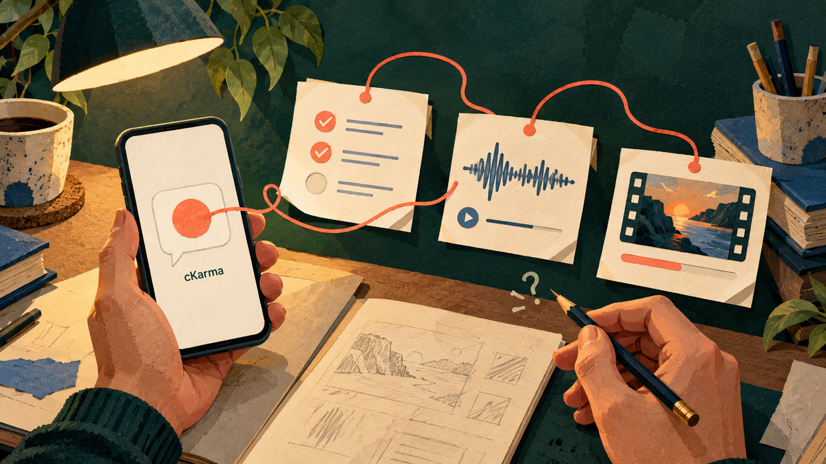 Illustration eines Smartphones mit cKarma, verbunden mit Karten für Arbeitsaufträge, Musik und Video auf einem Schreibtisch.