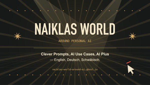 Naiklas World: goldene Cabaret-Strahlen, großer Schriftzug und Cursor mit Zylinder aus dem Showreel „Der Prompt tanzt“.