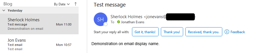 Screenshot shows two emails from same source but with different display names