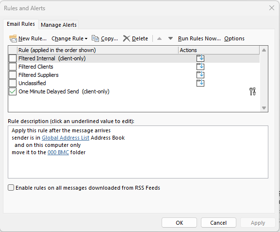 Screenshot of the email rules and alerts console