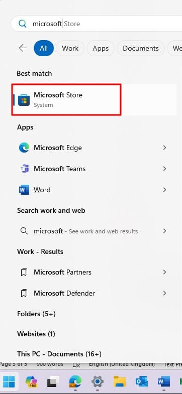 Screen showing how to find the Microsoft Store