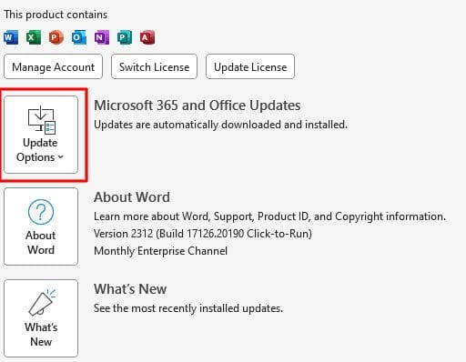 Screen showing where the Update Options can be located