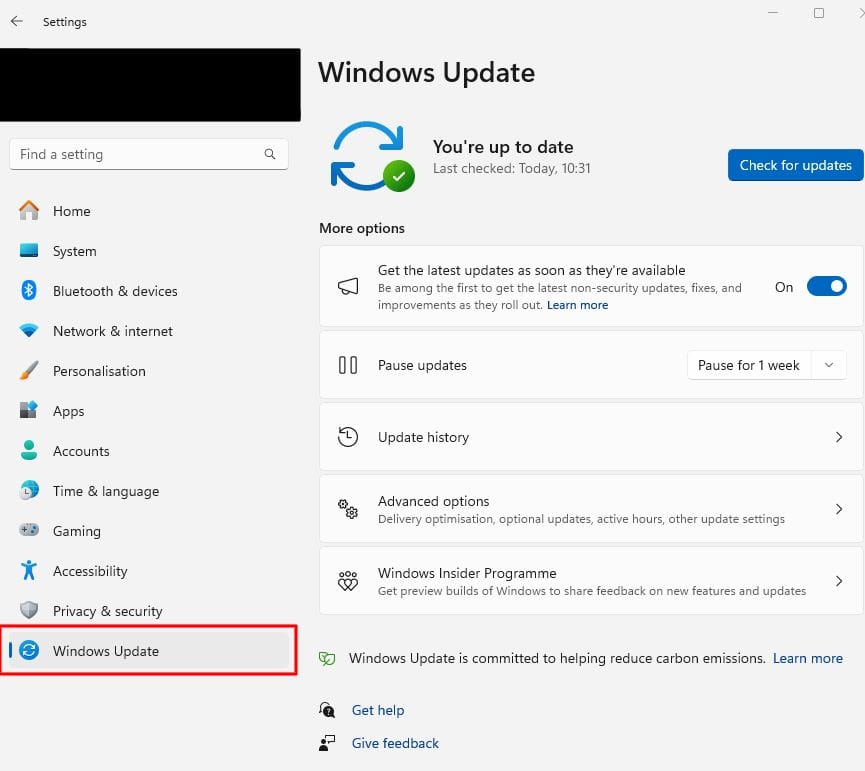 Screen showing where to find windows update