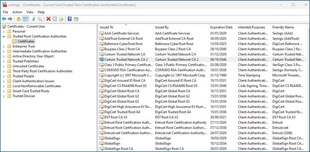 A partial list showing 20 plus root certificates