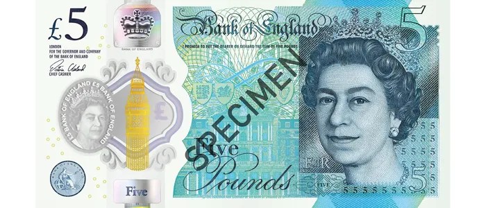 Picture of British five-pound note showing the picture of Queen Elizabeth II