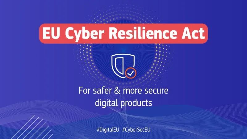 The outline of a white shield on a blue background with the words EU Cyber Resilience Act