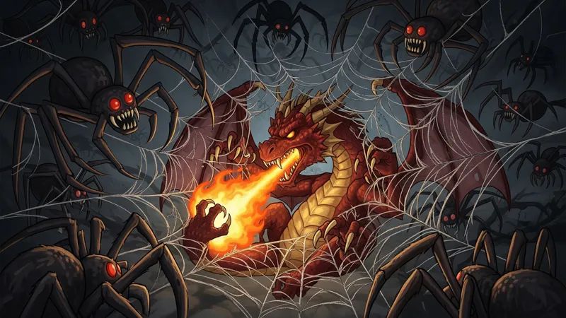 A fire breathing dragon in a web with attacking spiders