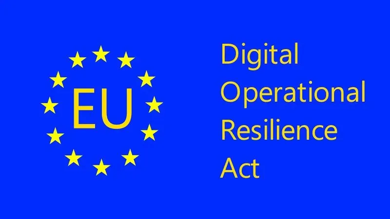 The EU flag blue background and gold starts with the words digital operational resilience act on the right hand side