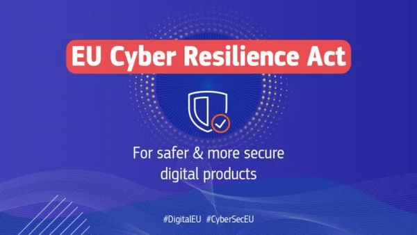 The outline of a white shield on a blue background with the words EU Cyber Resilience Act