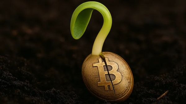 A seed with the bitcoin logo imprinted on it with a green shoot sprouting out of the top