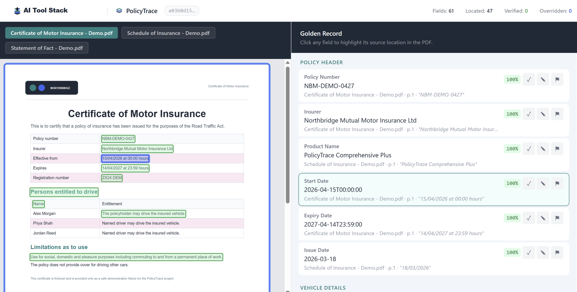 PolicyTrace review dashboard showing highlighted PDF evidence beside a structured Golden Record.