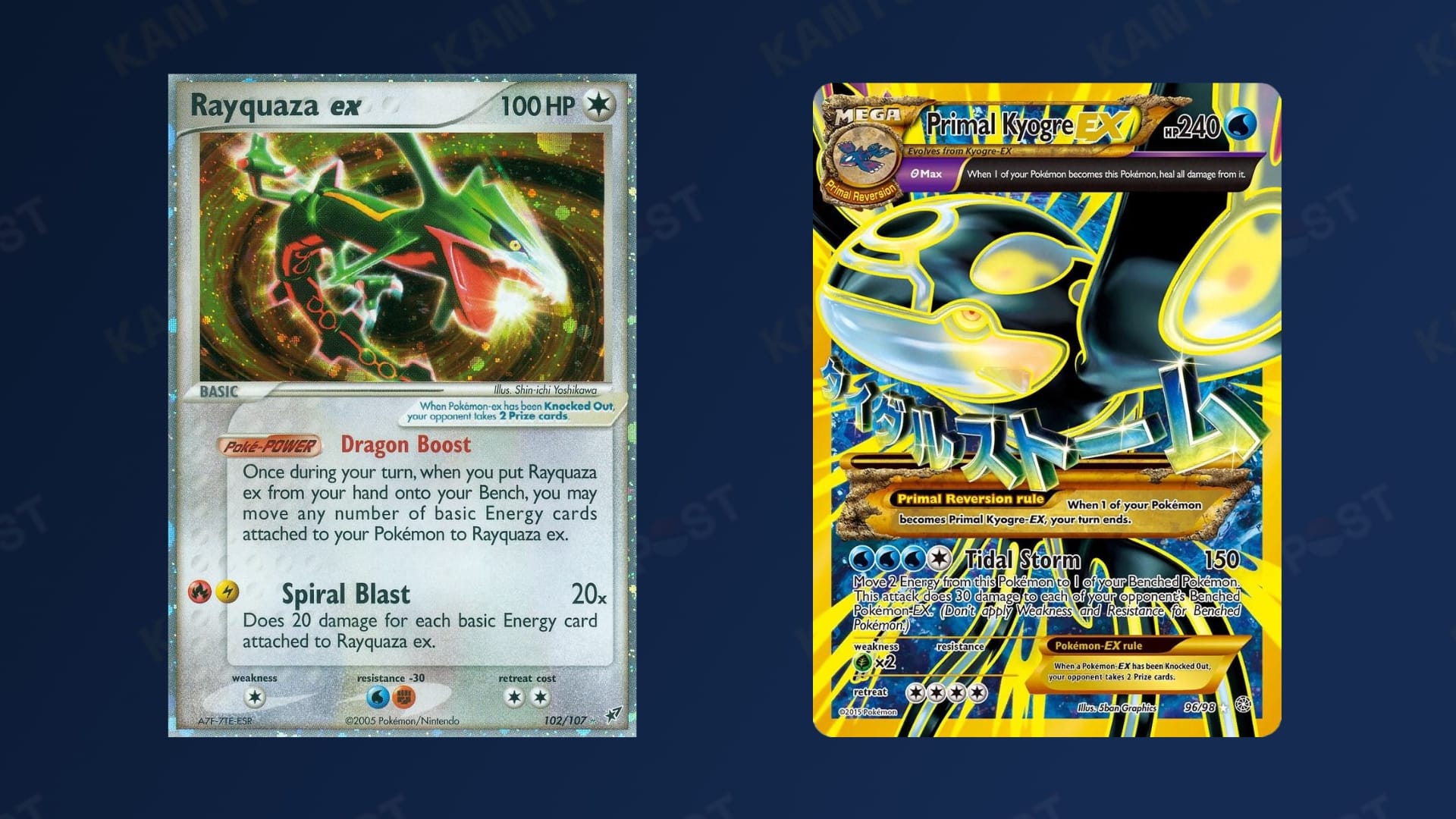 Vintage Rayquaza and Kyogre Pokémon cards in front of a blue background