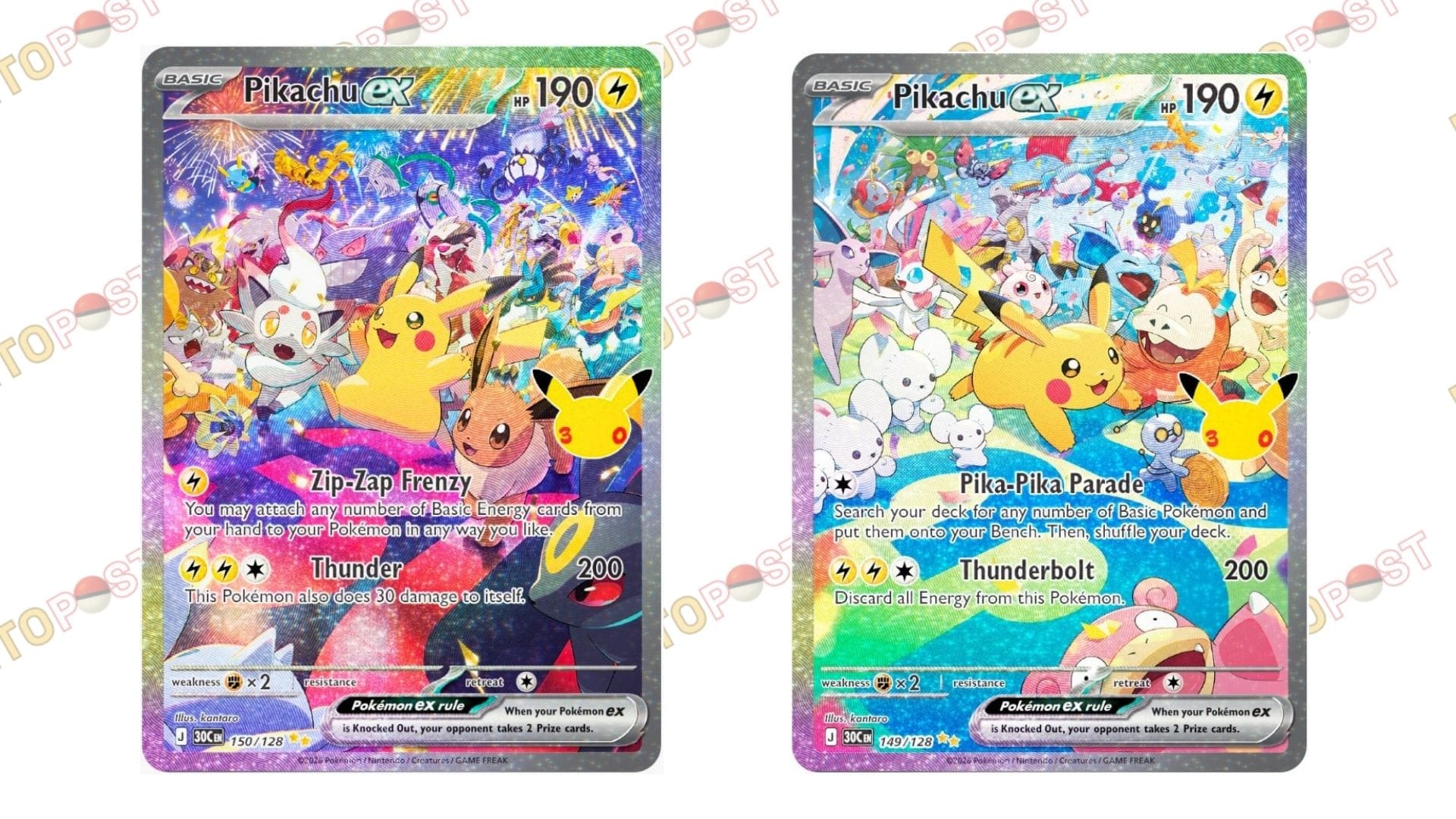 Pikachu 149 and Pikachu 150 Pokémon card SIRs from Pokémon 30th Celebration