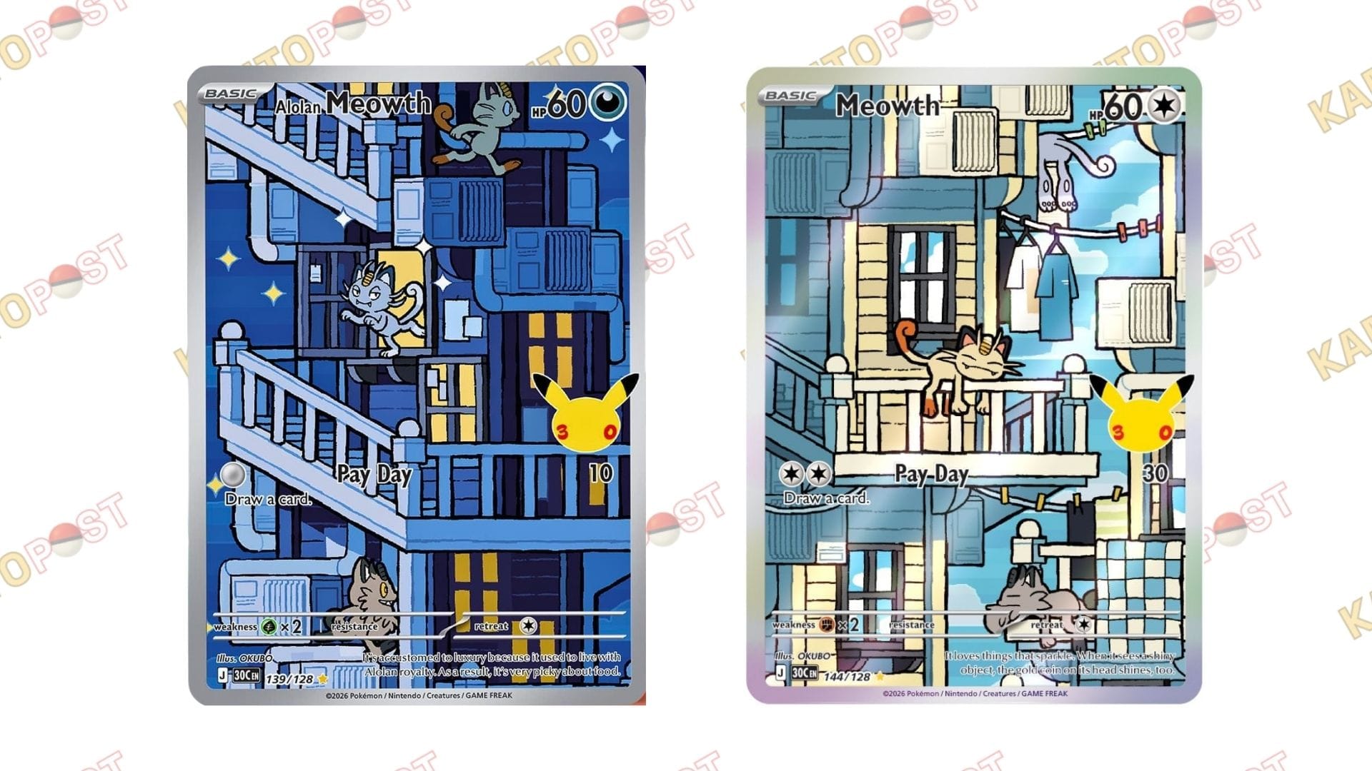 Two Meowth Pokémon cards from Pokémon 30th Celebration