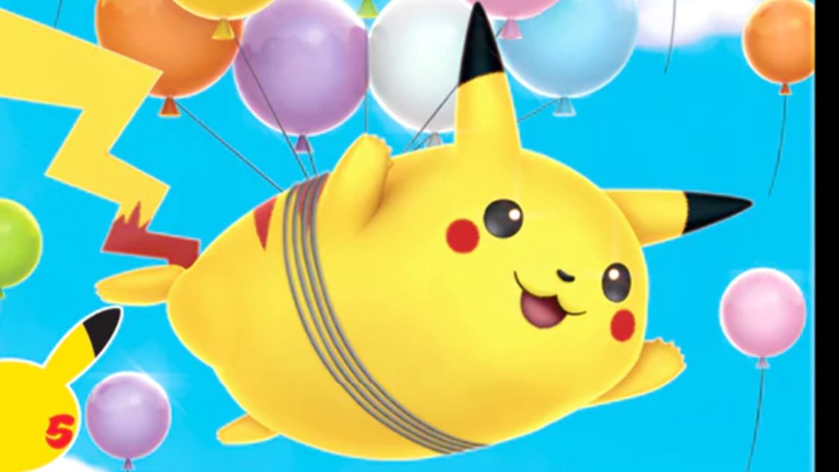 A close up of the artwork from the flying Pikachu V Pokémon card from Celebrations