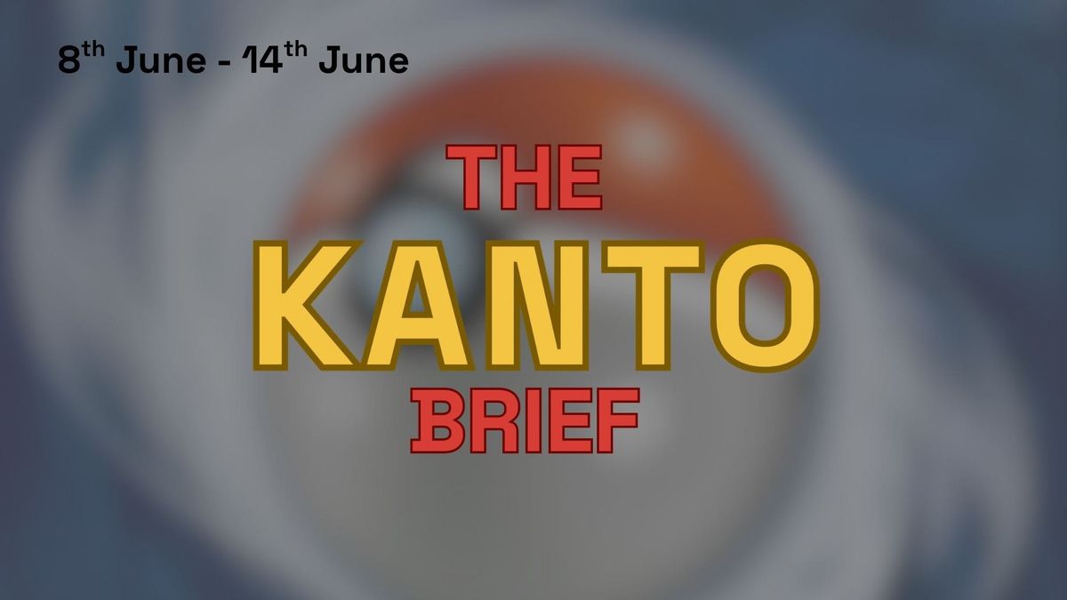 The Kanto Brief logo in front of a Pokémon card back with a text showing the date