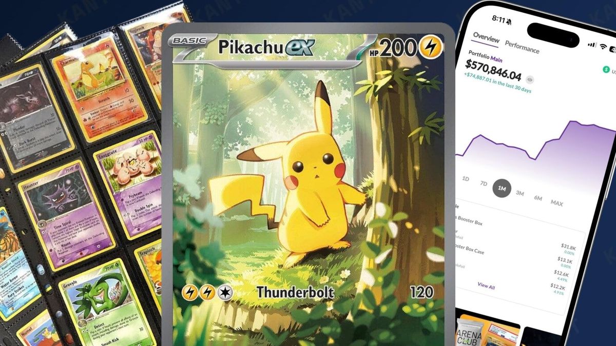 A Pikachu Pokémon card from Pokémon Ascended Heroes in front of a Collectr stock chart screenshot and a binder full of cards