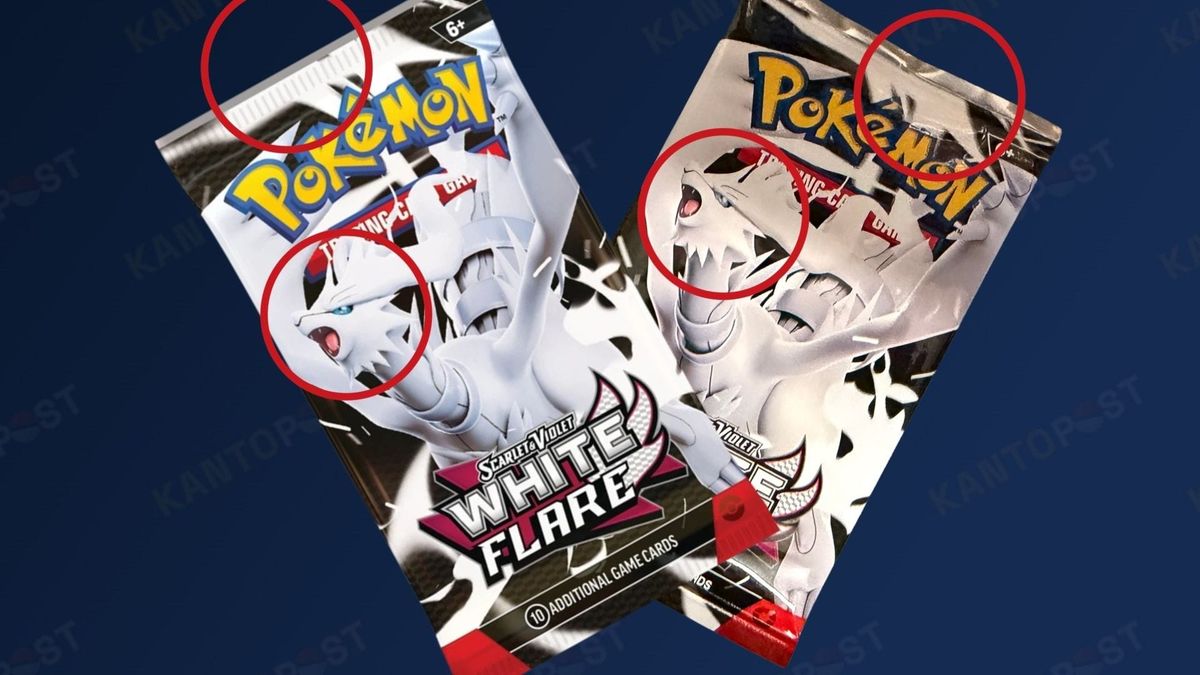 Two Pokémon white flare packs next to each other, with the one on the right being fake and having different issues