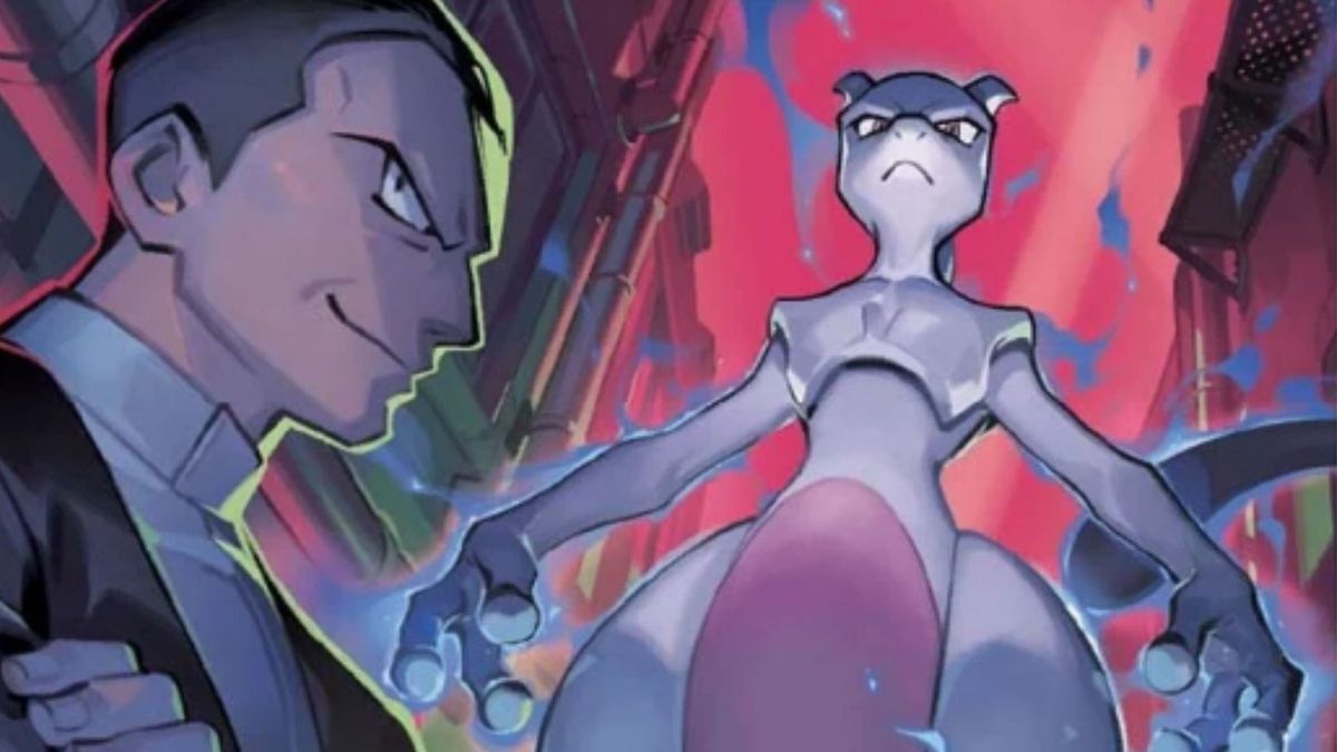 A close up of the artwork from the Team Rocket’s Mewtwo ex Pokémon card from Pokémon Destined Rivals