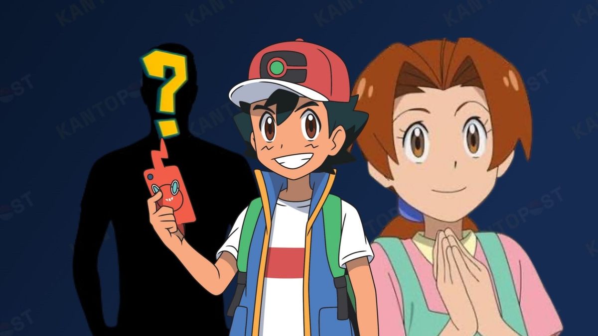 Ash Ketchum from Pokémon next to his mum and a silhouette of a man