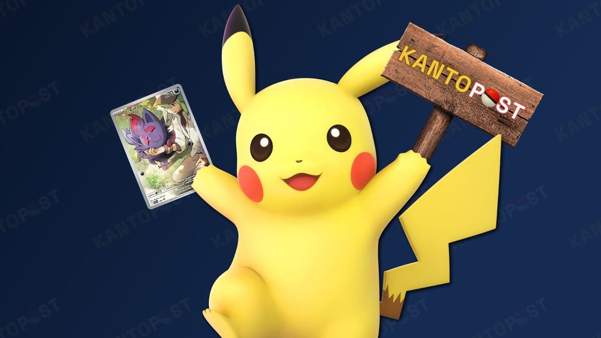 Pikachu holding a N's Zorua Pokemon card and a sign reading 'Kanto Post' on it