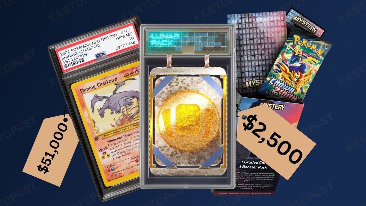 A Lunar Pack Power Pack next to a graded Pokémon card and a Graded Masters mystery bundle