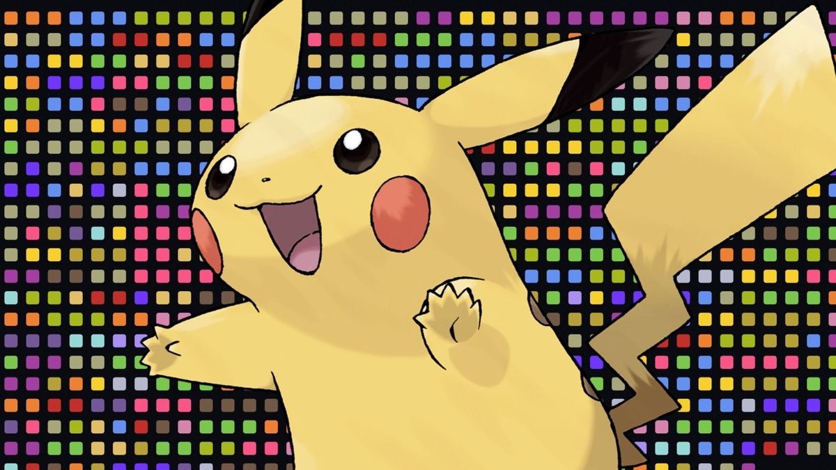 Pikachu in front of the Pokedex turned into a line of squares and colours