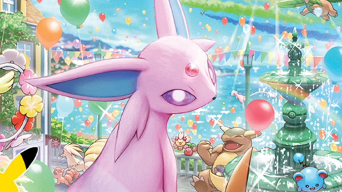 A close up of Espeon artwork from the Pokémon 30th Celebration Ultra Premium Collection Pokémon card