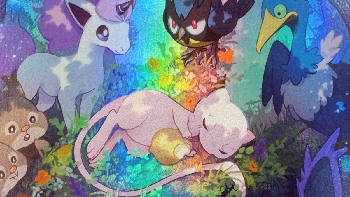 A sleeping mew surrounded by other Pokémon in the Crown Zenith Mew GG10 Pokémon card
