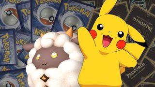 A Pikachu and a Lamball in front of Pokémon cards and Palworld TCG cards