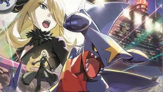 A close up of the artwork of Cynthia’s Garchomp ex SIR Pokémon card from Pokémon Destined Rivals