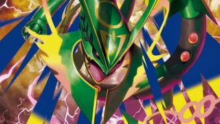 A close up of mega Rayquaza ex from Pokémon delta reign set