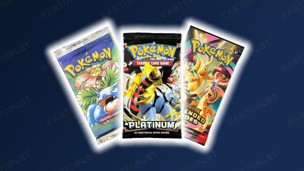 Three Pokemon packs, including base set, Platinum, and Ascended Heroes Pokemon sets in front of a blue background