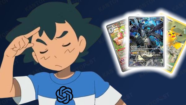 Ash from Pokemon thinking with a ChatGPT logo on his top next to a selection of Pokemon card