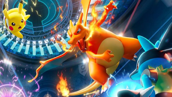 Charizard and Pikachu going to attack a Lucario in Pokemon Champions artwork
