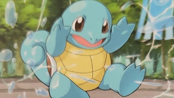 Squirtle kicking in a puddle in artwork of a Pokemon card from 2010